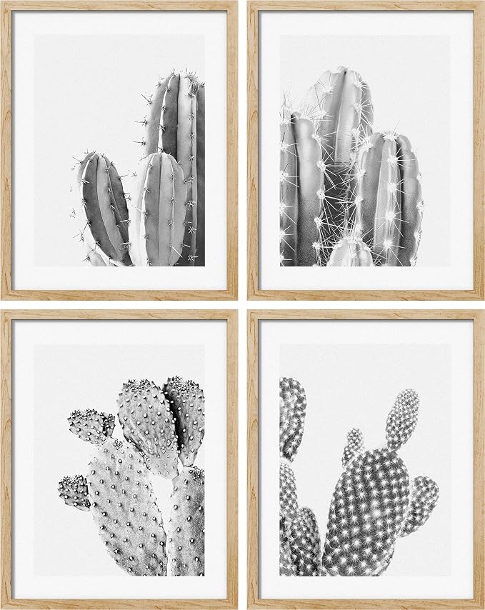 SIGNWIN Framed Black & White Saguaro Southwest Desert Tropical Cactus Wall Art, Set of 4 Floral Botanical Wall Decor Prints, Nature Wilderness Wall Décor for Living Room, Bedroom - 8"x10" Natural