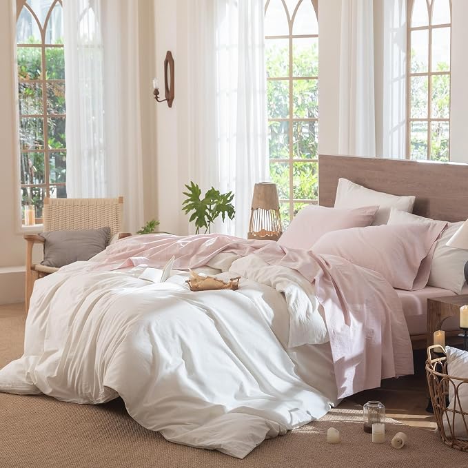 MooMee Bedding Sheet Set 100% Cotton Like Textured Breathable Durable Soft Comfy (Heathered Greyish Pink, Queen)