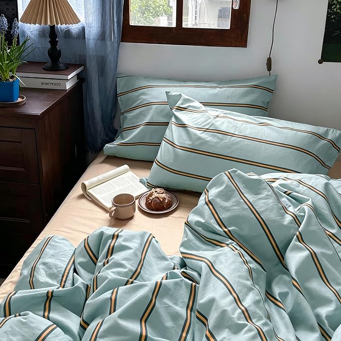 mixinni Retro Mint Blue Striped Duvet Cover Set - 100% Natural Cotton 3-Piece Vintage Stripes Pattern Printed Bedding Set, Soft Breathable Comforter Cover with Zipper Closure & Corner Ties, Twin Size