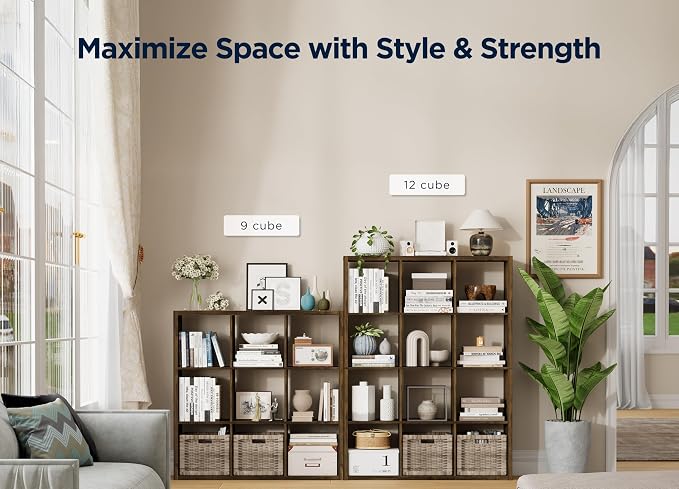 9-Cube Storage Organizer, Wooden Cube Shelf Bookcase with Reinforced Thick Shelves, Heavy-Duty 36.93" L x 9.37" W x 36.93" H, for Living Room Bedroom Home Office, Brown