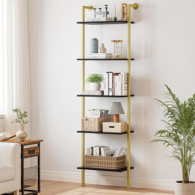 Acovy 5-Tier Bookshelf Solid Wood Ladder Shelf, Narrow Book Shelf Display Shelf, Wooden Bookcase, Wall Mount Ladder Shelf, Storage Rack for Living Room, Bedroom, Industrial Style, Black&Gold