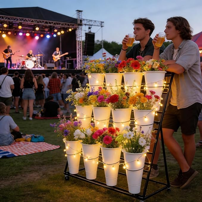 3-Tier Flower Display Stand with 12 Buckets, Heavy Duty Metal Flower Plant Cart with Wheels, Indoor Large Capacity Flower Bar Florist bucket Rack, Moving Florist Bouquet Shelf for Wedding Garden (D, 39.6*23.7*40.6in)