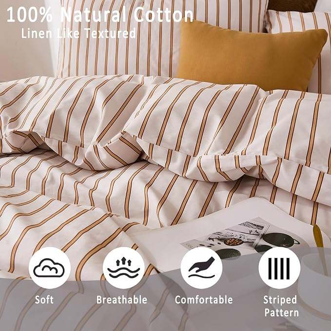 Merryword Striped Duvet Cover Set King Size 3 Pieces 100% Cotton Duvet Cover Set with Beige and Terracotta Vertical Stripe Design,Soft Lightweight Reversible Bedding Set for All Seasons