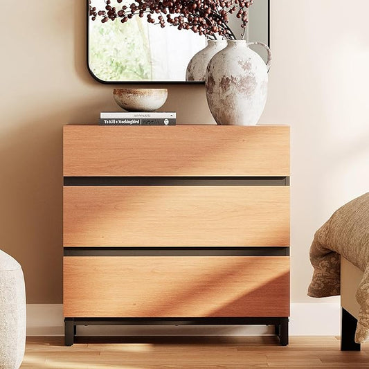 WAMPAT Dresser for Bedroom, Closet Organizers and Storage with 3 Drawers, Chest of Drawers with Metal Base, Modern Wood Dresser for Living Room, Hallway, Entryway, Mocha