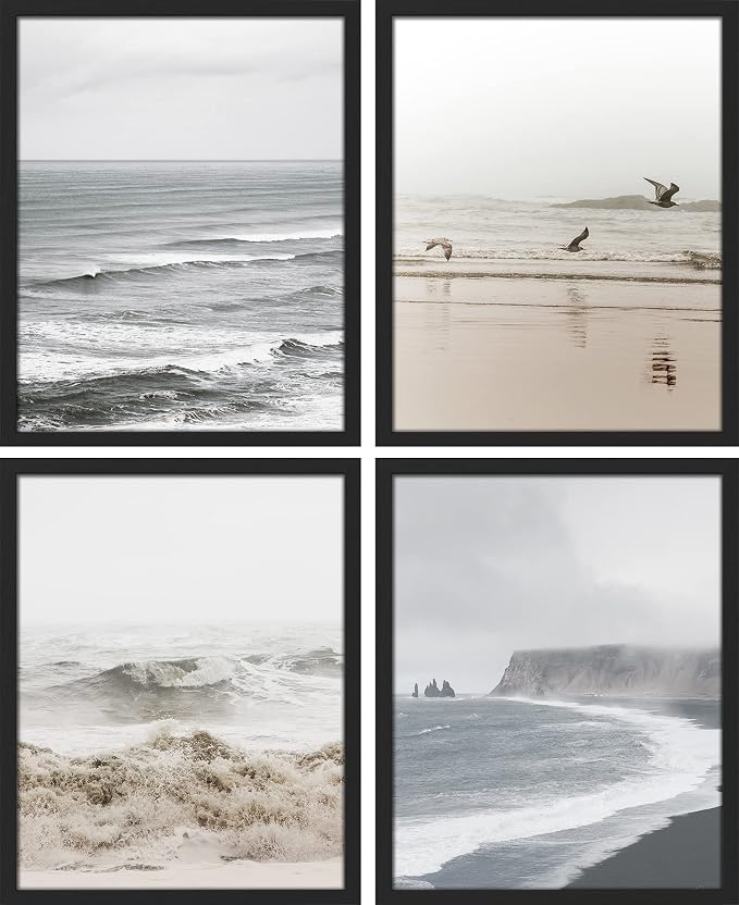 SIGNWIN Framed White Minimal Ocean Beach Seashore Coastals Wall Art, Set of 4 Landscape Colorful Wall Decor Prints, Nature Wilderness Wall Décor for Living Room, Bedroom - 12"x16" Black