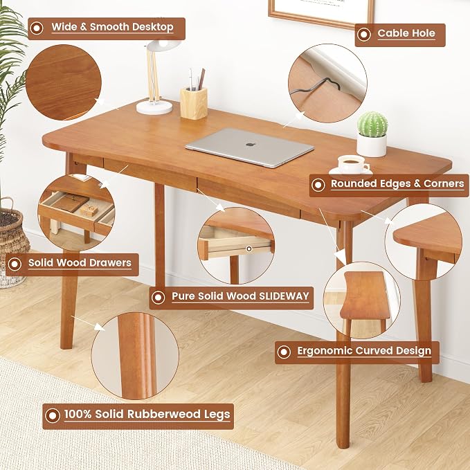 100% Solid Wood Desk with Drawers - 48 x 24 Inch Home Office Computer Desks, Modern Writing Desk with Drawers, Simple Study Table Makeup Vanity - Walnut Vintage Desks