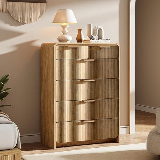Fluted 6 Drawer Dresser for Bedroom, 44" Tall Modern Chest of Drawers, Curved Profile Design, Vertical Storage Dresser Organizer for Living Room, Hallway, Natural Oak
