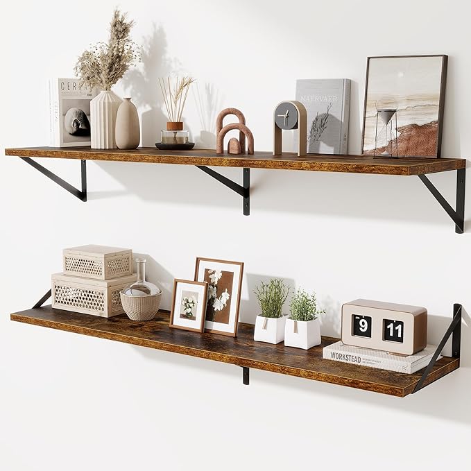 48inch Floating Shelves for Wall,10" Deep Floating Shelves with Metal Brackets,Wall Mounted Hanging Floating Shelf,Wide Display Shelves for Living Room,Bedroom,Office,Kitchen,Rustic Brown