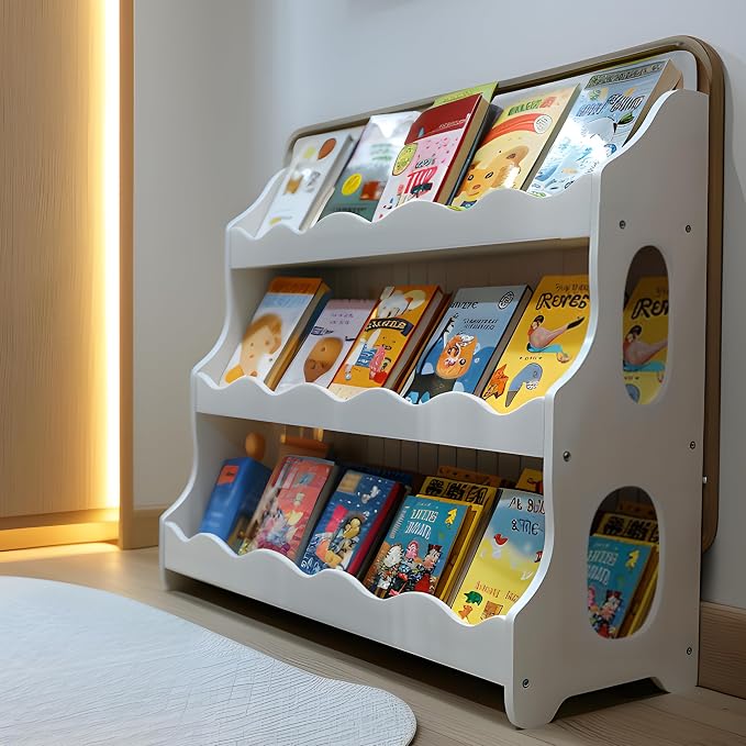 Kids Bookshelf Wooden Montessori Book Shelf Dutch Design 3Tier Scalloped,SnowfallWhite