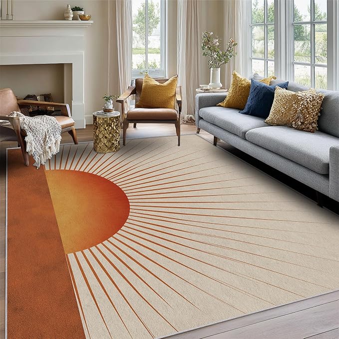 Retro Sunburst Area Rug, Mid Century Sun Pattern Carpet, Washable Non Slip Low Pile Soft Thin, Living Room Bedroom Home Decor Mat 4x6ft