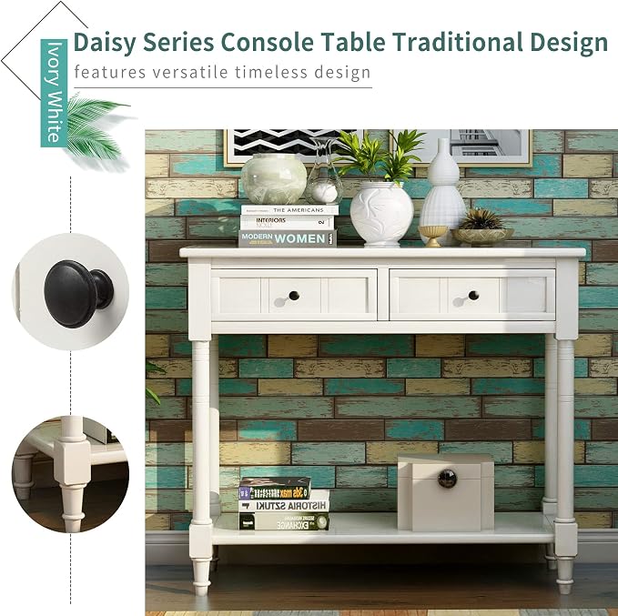 35.43” Console Table with Drawers & Bottom Open Shelf, Rustic Entryway Table with Storage, Ivory White