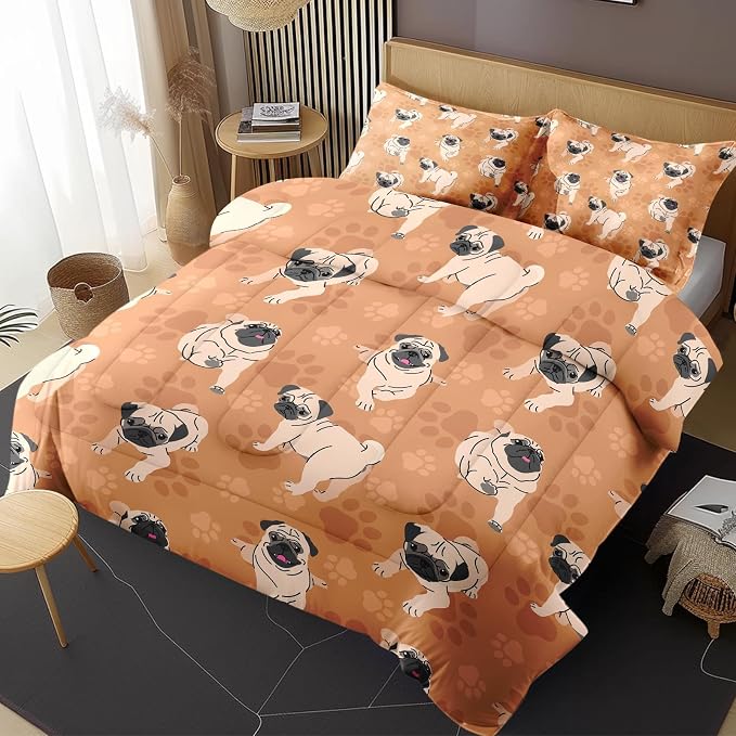 Comforter Set with Pillowcase Twin Size, Cute Brown Pug Dog Lover, Bed Decor Happy Puppy Animal Paws Gift for Kids and Adults, Soft Cozy Bedroom Bedding Set