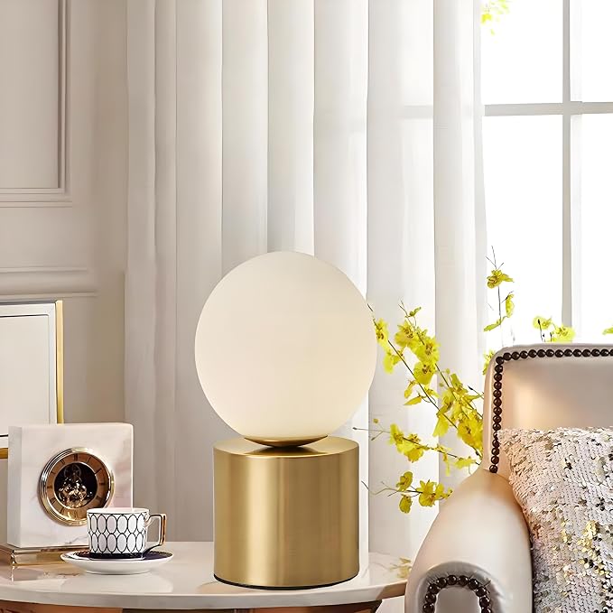 Mid Century Modern Table Lamp with Golden Pillar Bedside Night Light White Glass Globe Table Lamp for Bedroom Living Room and Office