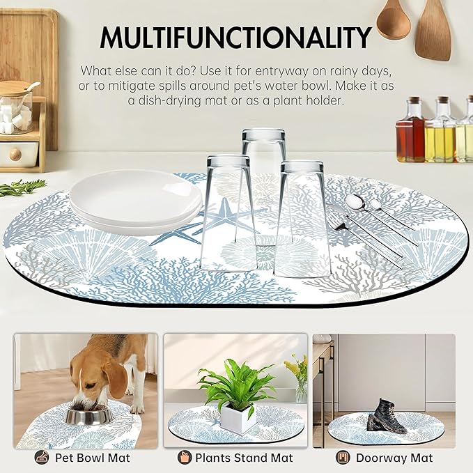 Bathroom Rug Mat Marine Sea Shells Stars Oval Bath Mat Doormat Absorbent Quick Dry Non Slip Diatom Mud Mat for Shower Tub Sink Laundry Kitchen Doorway 23.6x15.7 Inches