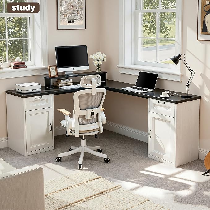 HUAHUU 78" Farmhouse L Shaped Executive Desk with Drawers, Modern Computer Desk with Power Outlets, Office Writing Desk with Monitor Stand & Storage Cabinet, Printer Shelf, Antique White