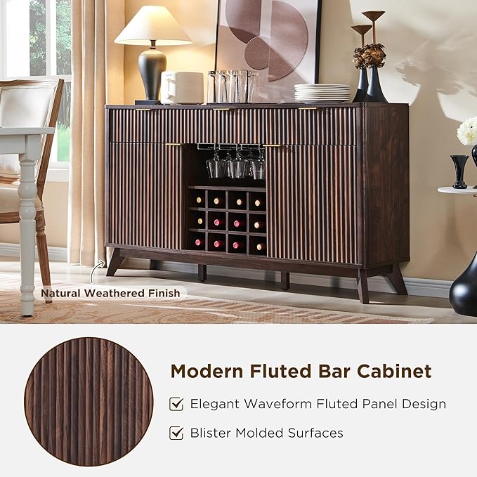 OKD 60" Fluted Wine Bar Cabinet, Modern Wood Coffee Bar Cabinet - 3 Storage Drawers, 2 Side Cabinets with Adjustable Shelf, Racks for Wine & Glass/Mug, Sideboard for Kitchen, Dining Room, Walnut