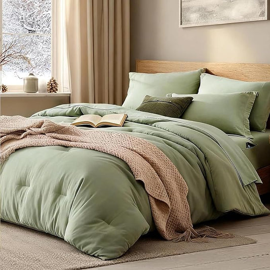 WRENSONGE Super King Comforter Set - 7 Pieces Sage Green Soft Bed in a Bag Super King with Fitted Sheet, Flat Sheet, 2 Pillow Shams, and 2 Pillowcases- Warm Bedding Sets for All Season