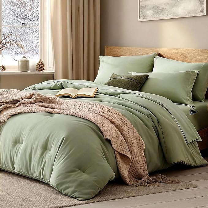 WRENSONGE California King Size Comforter Set- 7 Pieces Sage Green Bed in a Bag with Comforter, Fitted Sheet, Flat Sheet, 2 Pillow Shams, 2 Pillowcases, Warm Bedding Sets for All Season