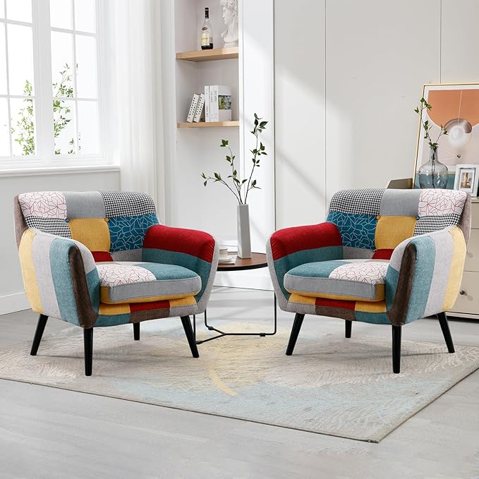 Bonzy Home Modern Accent Chair Set of 2 for Living Room, Colorful Boho Linen Fabric Upholstered Armchair with Wood Legs, 2 Single Chairs