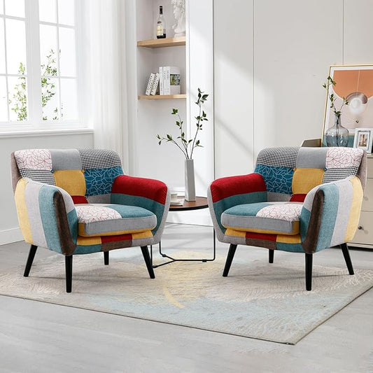 Bonzy Home Modern Accent Chair Set of 2 for Living Room, Colorful Boho Linen Fabric Upholstered Armchair with Wood Legs, 2 Single Chairs