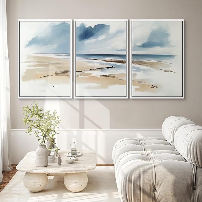 SIGNWIN Framed Canvas Print Wall Art Set Coastal Beach Horizon Blue and Tan Seascape Illustrations Modern Art Decorative Boho Relax/Zen Nordic for Living Room, Bedroom, Office - 16"x24"x3 White