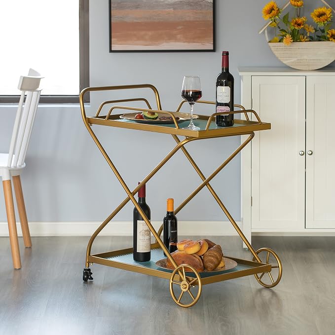 Vintiquewise Gold Metal Bar Cart with Wheels & Handles, Vintage Rolling Liquor Cart, Glass Shelves, Portable Mini Bar for Home, Dining, Living Room, Entryway, Modern Bar Cart