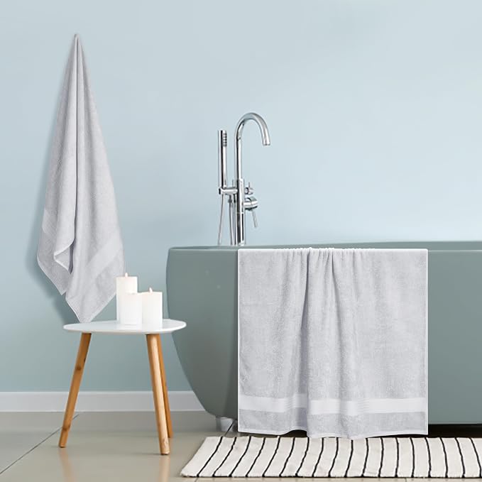 GLAMBURG Premium Cotton Oversized 2 Pack Bath Sheet 35x70-100% Pure Cotton - Ideal for Everyday use - Ultra Soft & Highly Absorbent - Machine Washable - Light Grey