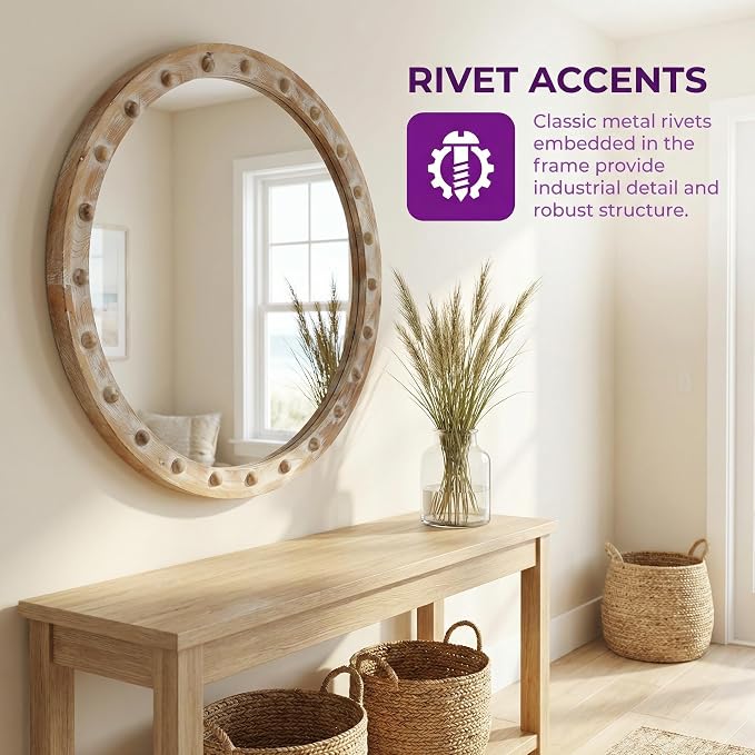 23.62'' Vintage Rustic Round Wall Mirror with Rivet Detail Frame & Pre-Installed Hanging, Decorative Mirror with Large Reflective Surface for Bathroom Bedroom Living Room, Natural