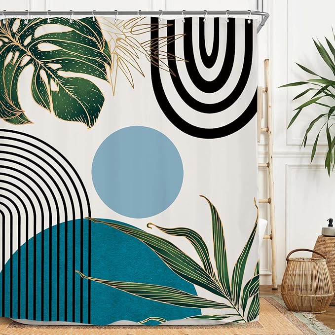 Miyotaa Abstract Teal Blue Shower Curtain Set 60Wx71H Inches Minimalist Aesthetic Modern Contemporary Geometric Plant Polyester Waterproof Cloth Bathroom Curtain with 12 Hooks