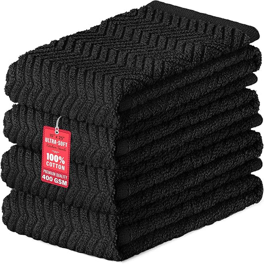DecorRack 100% Cotton Kitchen Towels, 15" x 25" Absorbent Dish Towels [Premium Quality 400 GSM] Black (Pack of 4)