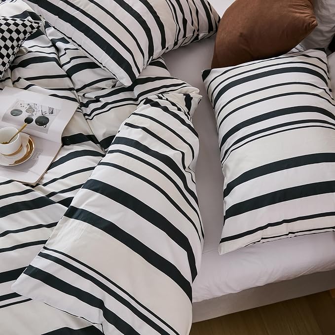 Merryword Black and White Striped Duvet Cover Set Queen Size - 100% Cotton Duvet Cover Set with Vertical Stripe Design, Soft Breathable Comforter Cover for All Seasons