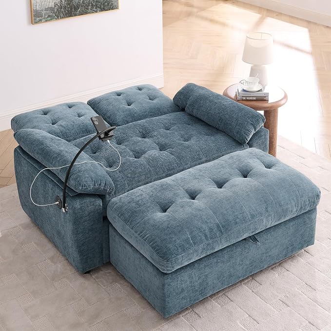 Oversized Chaise Lounge Chair Indoor, Double Convertible Recliner Reading Arm Sofa Chair W/Adjustable Backrest & Charging Port Couch Bed for Living Room, Home Theater & Bedroom, Blue