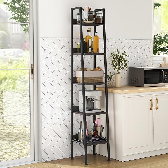 Ladder Shelf, 5 Tier Ladder Shelf, 13.5” Wide Tower Storage Shelf for Books, Anti Tip Feature, Steel Frame, Perfect for Bookshelf, Plants, Kitchen, Living Room, Office, Dark Gray