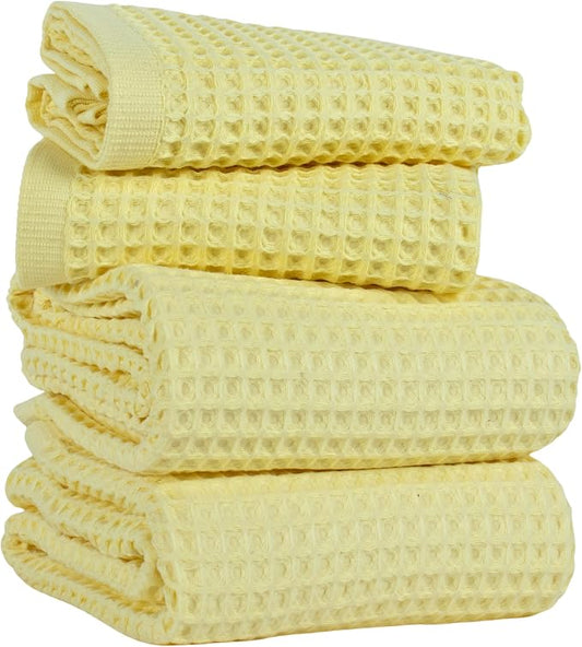 PÜSKÜL 4-Piece Natural 100% Turkish Cotton Luxury Waffle Towels for Bathroom | Premium Honeycomb Weave 2 Hand Towel & 2 Bath Towel Set | Soft Absorbent Quick-Dry Lightweight Towels (Light Yellow)