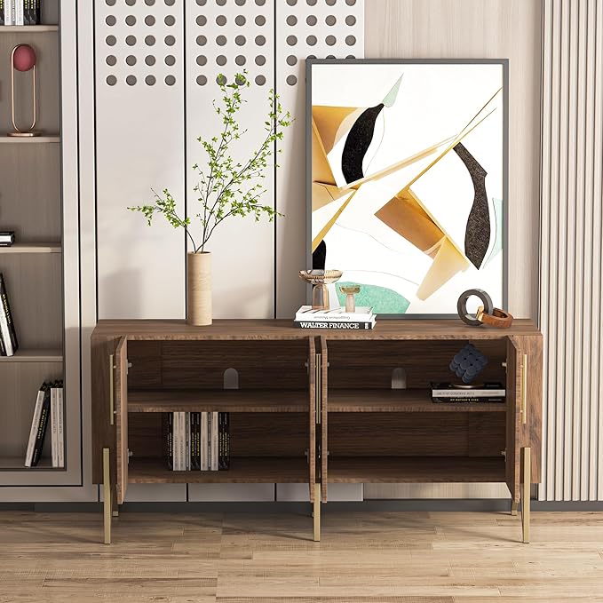 roomfitters Walnut Mid Century Modern TV Stand for TVs up to 65", Sideboard Buffet Cabinet for Living Room, Walnut Entertainment Center with Doors, Credenza Media Console with Storage, Gold Legs…