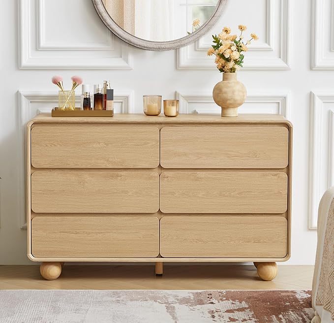 AVZEAR Modern 6 Drawer Dresser for Bedroom, 48" Wide Wooden Dresser Chest of Drawers, Curved Profile Design, Closet Clothes Storage Organizer for Kids Bedroom, Living Room, Nursery, Natural Color