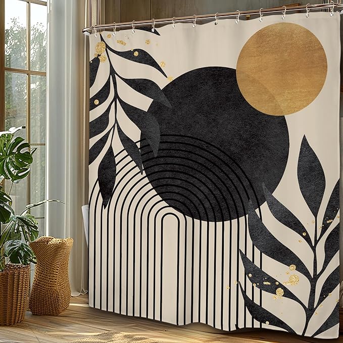 Miyotaa Abstract Minimalist Shower Curtain Set 60Wx71H Inches Modern Aesthetic Mid Century Contemporary Plant Leaves Geometric Neutral Waterproof Bathroom Curtain with 12 Hooks