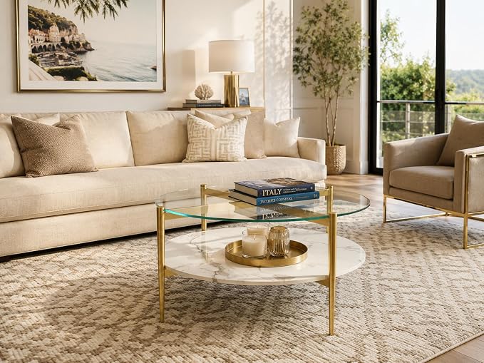 AGV LIGHTING 30" Round Glass Coffee Table,Mid-Century Modern Coffee Table for Living Room, Glod Finish Leg,2-Tier,Tempered Glass Top with White Marble MDF Shelf