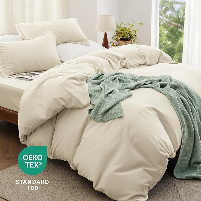 Bedsure Duvet Cover King Size with Fitted Sheet - 4 Pieces Prewashed Cotton-Like Soft Bedding Set, Includes 1 Duvet Cover 104x90 Inches with Zipper Closure, 2 Pillow Shams, 1 Fitted Sheet, Oat Milk