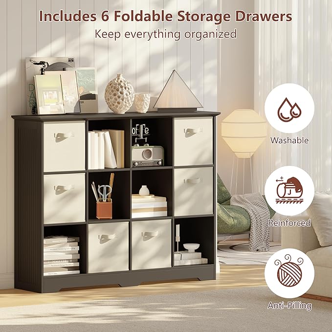VORONOI 12 Cube Storage Organizer with 6 Fabric Drawers and Removable Shelves — Modular Cube Bookshelf for Bedroom, Living Room, or Home Office, Short Cube Bookcase for Toys, Decor, Black