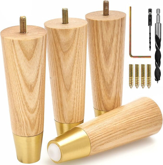 Premium Ash Wood Furniture Legs with Gold Caps (Full Install Kit) - Pick Your Size and Color