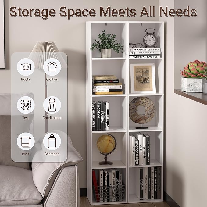 Cube Bookshelf, 5 Cube Storage Organizer, Freestanding 5 Tier Open Display Shelf with Eco-Friendly Melamine Surface for Home Office, Bedroom, Living Room, Study, White