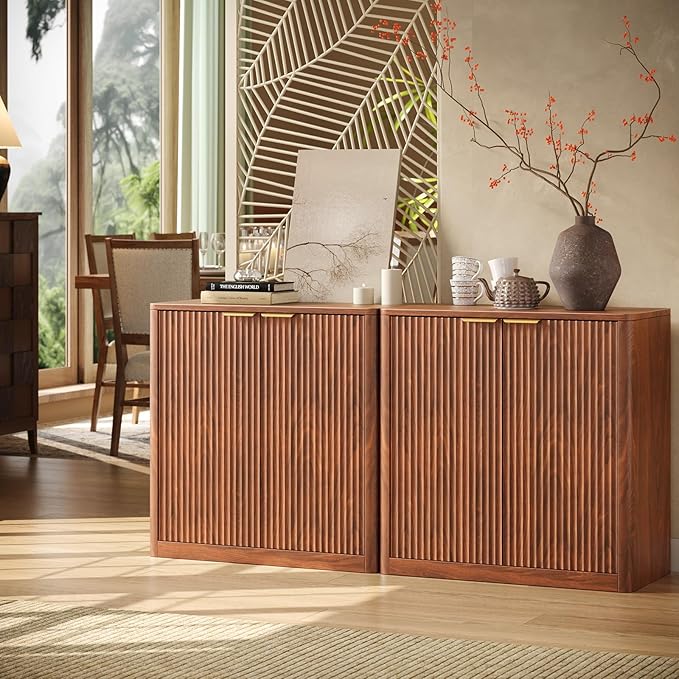 Evermagin 63" Walnut Buffet Cabinet with Storage, Large Sideboard Cabinet, Mid Century Modern Accent Credenza, Fluted Console Table with Doors for Dining Room, Kitchen, and Living Room