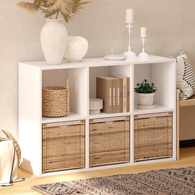 Wooden 6 Cube Storage Organizer with Closed Back Panel, White Cube Shelf Heavy Duty Cubby Storage Organizer with Compartments for Living, Display Shelf