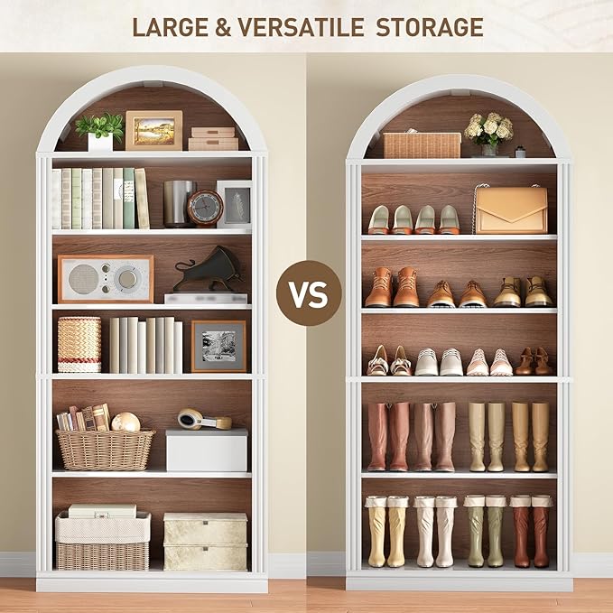 RALGEND Arched Bookshelf Set of 2, 75.8" Tall Arch Bookcase with Storage, 6-Tier Farmhouse Book Shelf, Arched Cabinet, Wooden Bookshelf with Open Display Shelves, Adjustable Shelf, White and Walnut