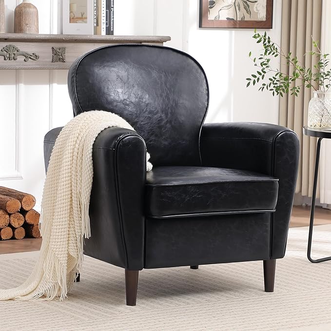 Accent Chair, Faux Leather Mid Century Modern Arm Chairs with Thick Cushion and Back, Comfy Upholstered Reading Chair Single Sofa Chair for Living Room, Bedroom, Club, PU Black