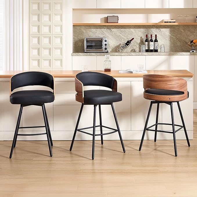 Swivel Bar Stools Set of 3, 26" Counter Height Bentwood Barstool, Upholstered Faux Leather Barstools with Walnut Back, Mid Century Modern Bar Chairs for Kitchen Island, Bar