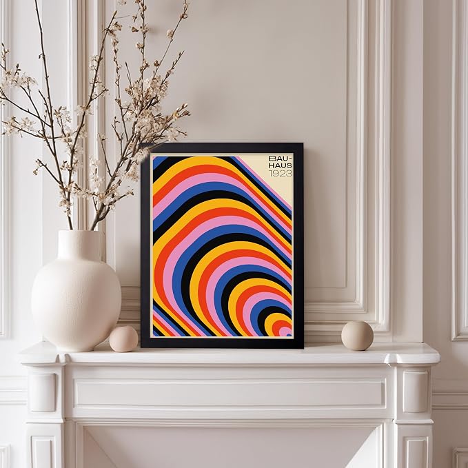 Poster Master Bauhaus Poster - Psychedelic Stripes Print - Abstract Art - Geometric Art - Graphic Design Art - Chic Boho Art - Mid Century Modern Art - Living Room Wall Decor - 8x10 Black Framed