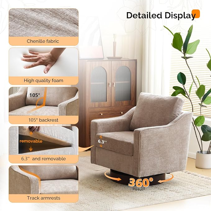 VINGLI Mid-Century Modern Swivel Accent Chairs Set of 2, 360°Upholstered Armchairs, Home Sofa with Track Arms for Living Room, Bedroom, Reading Room, Club Swivel Chairs, Chenille Khaki