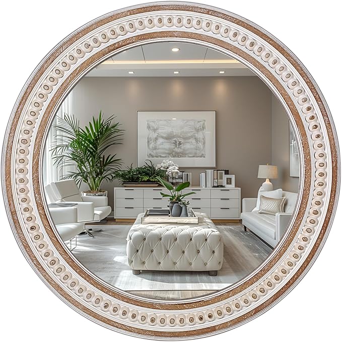 24 Inch Rustic Farmhouse Round Wall Mirror, Wooden Circle Bathroom Mirror for Over Sink, Decorative for Entryway, Bedroom, Living Room